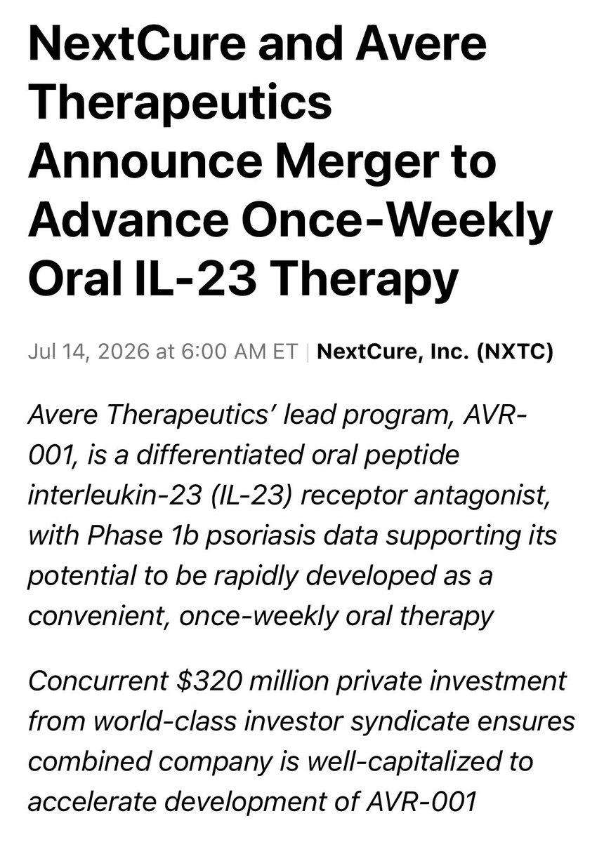NextCure and Avere Merge, Secure $320M to Accelerate AVR-001 Drug Development