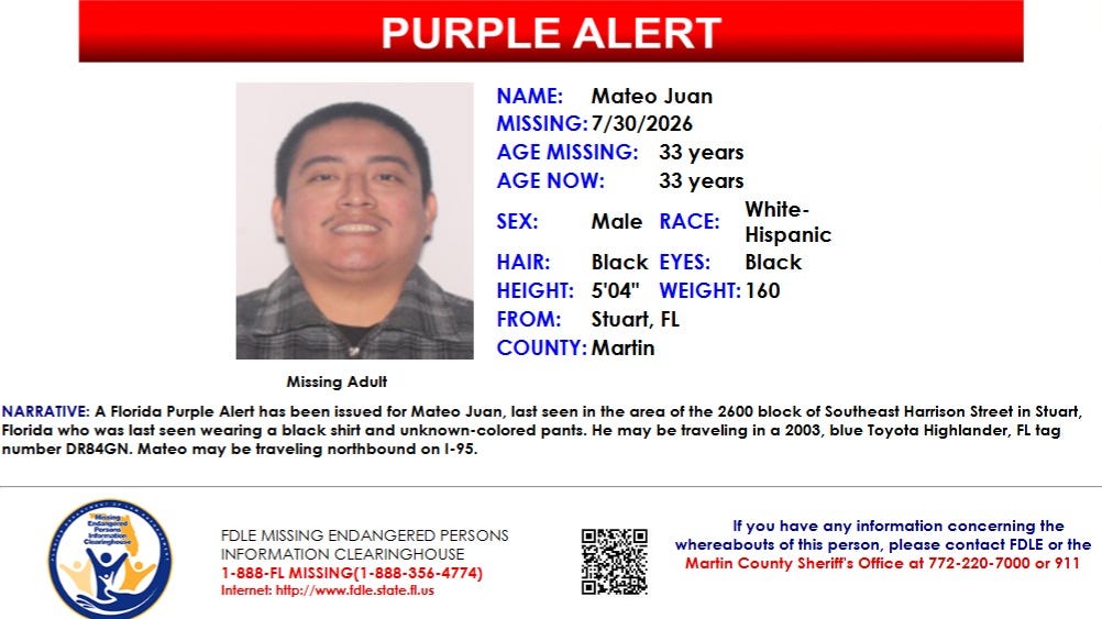Purple Alert Issued for Missing Juan Mateo in Florida: Public Help Sought to Locate Man