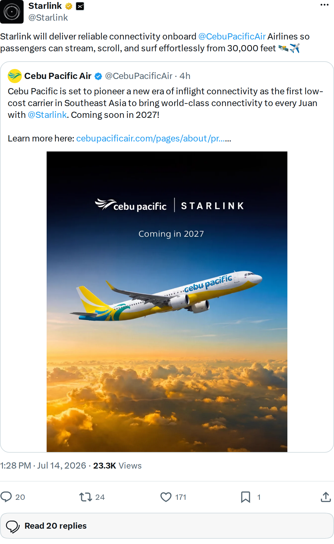 Cebu Pacific to Deploy Starlink In-Flight Wi-Fi Across Its Fleet by 2027