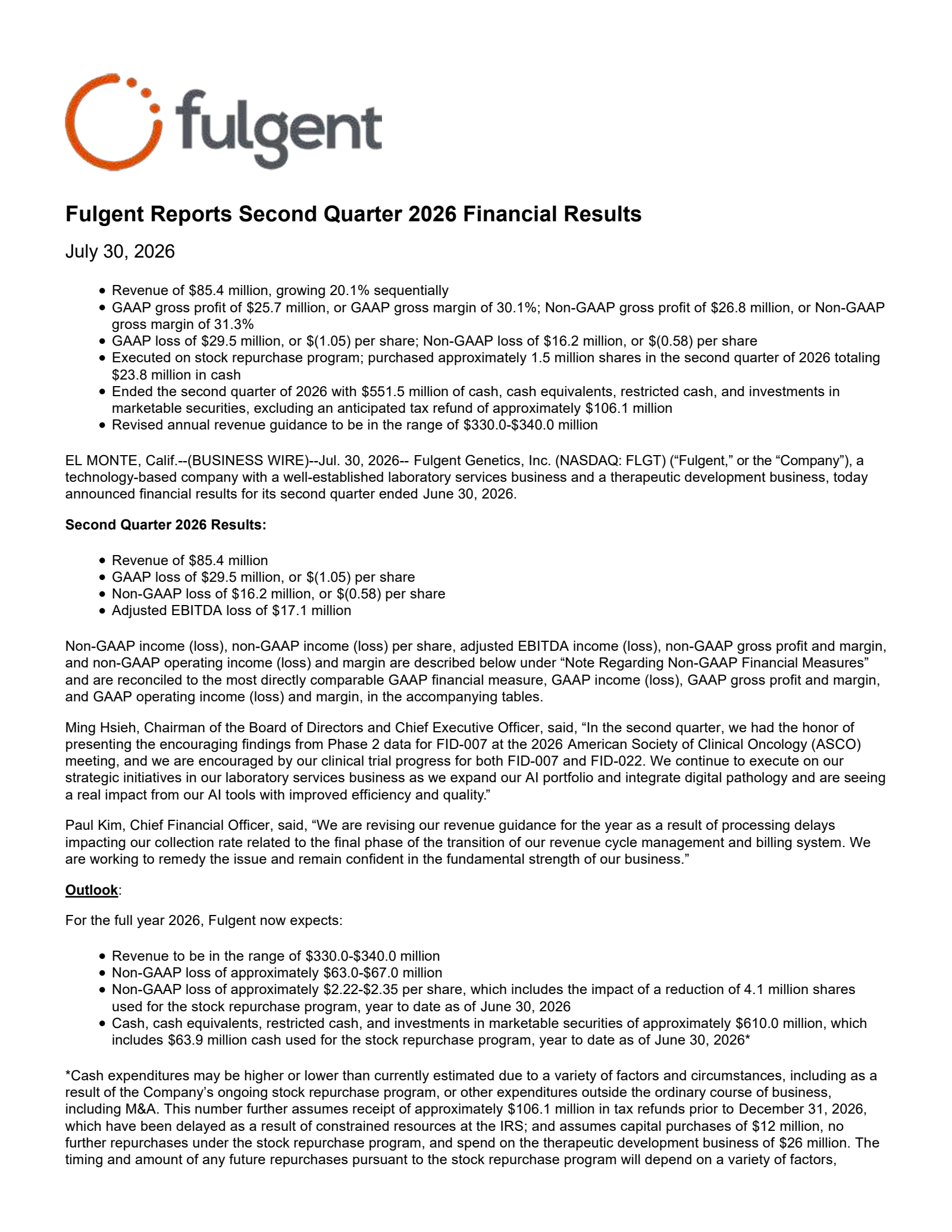 Fulgent Genetics Posts Q2 Loss, Misses Revenue, Cuts Guidance Amid Headwinds