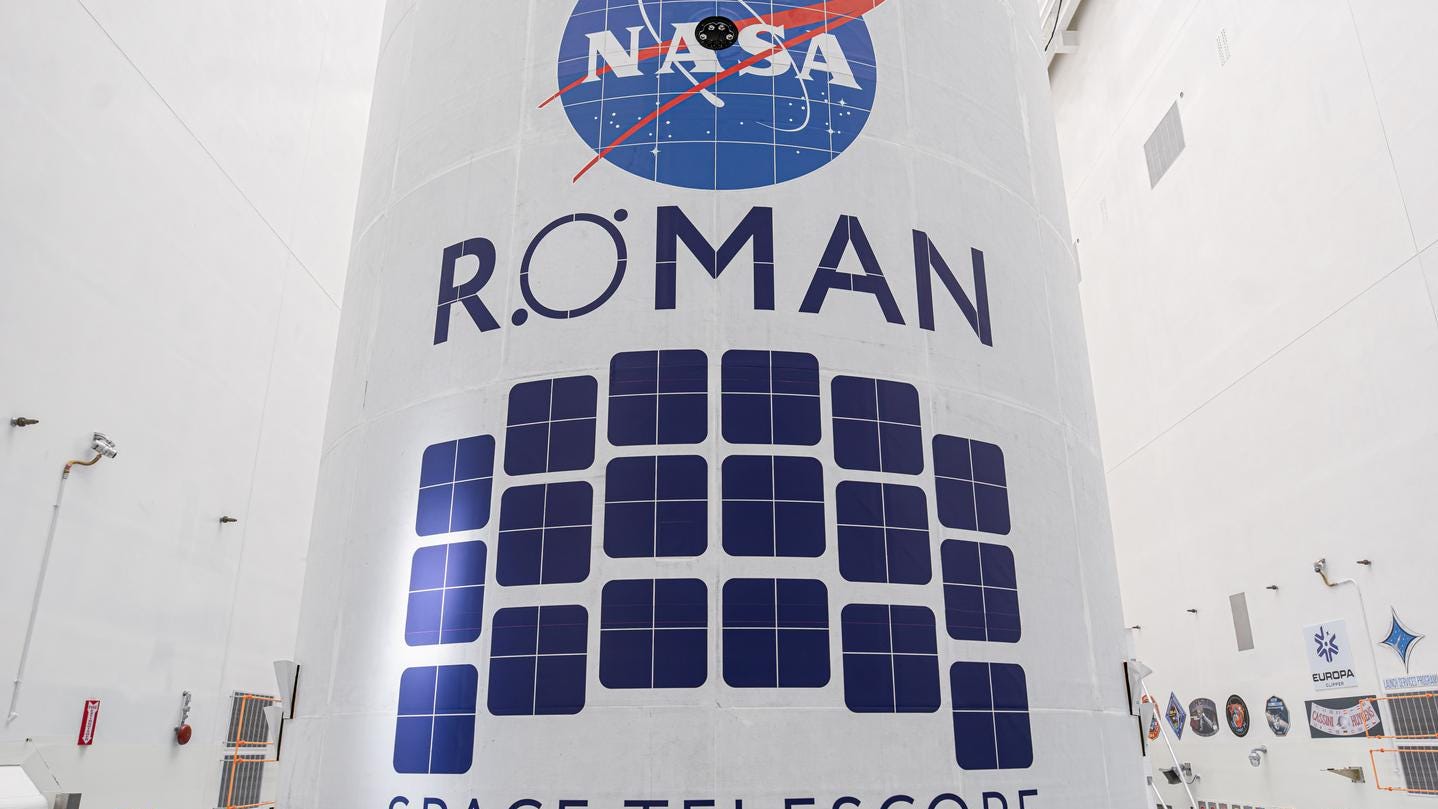 SpaceX Falcon Heavy prepares to launch NASA's Roman telescope despite uncertain weather conditions.