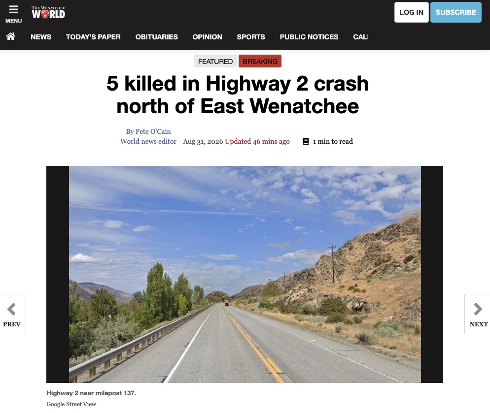 Five Dead in DUI Head-On Crash on State Route 2
