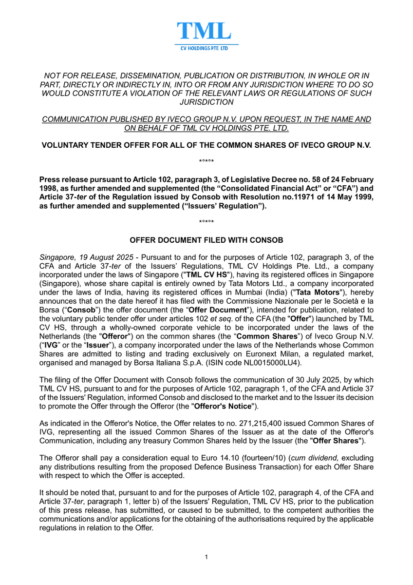 TML Receives Consob Approval for Voluntary Tender Offer of IVECO Group Shares