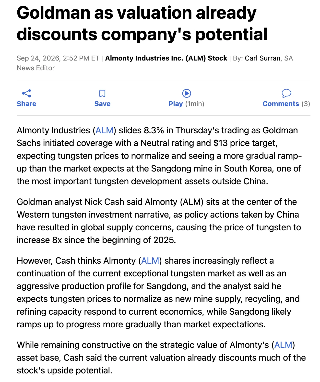 Goldman Sachs Initiates Almonty Coverage With A Neutral Rating And Price Target