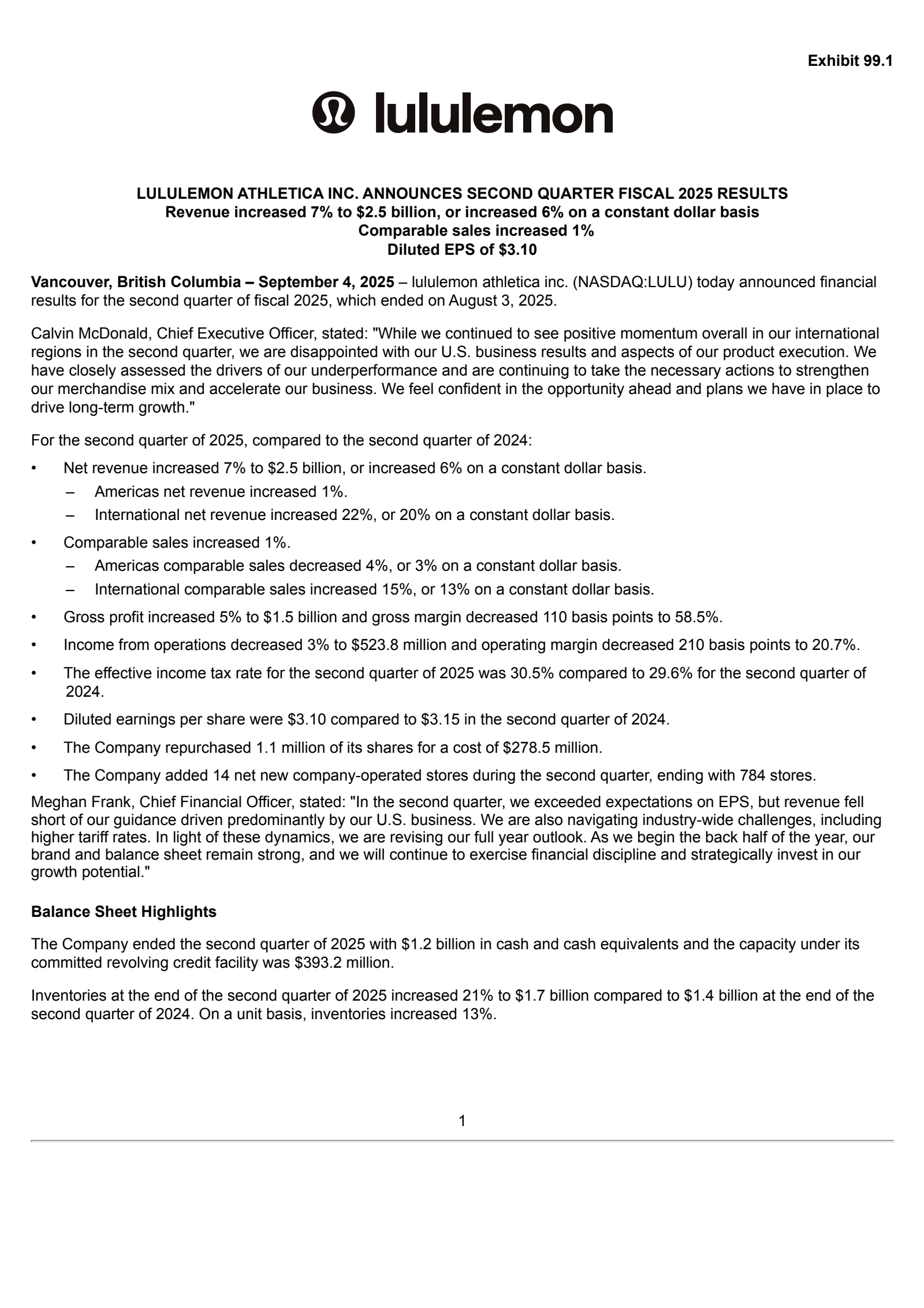 Lululemon Announces Second Quarter Revenue Decrease and Lowers Full-Year Financial Outlook