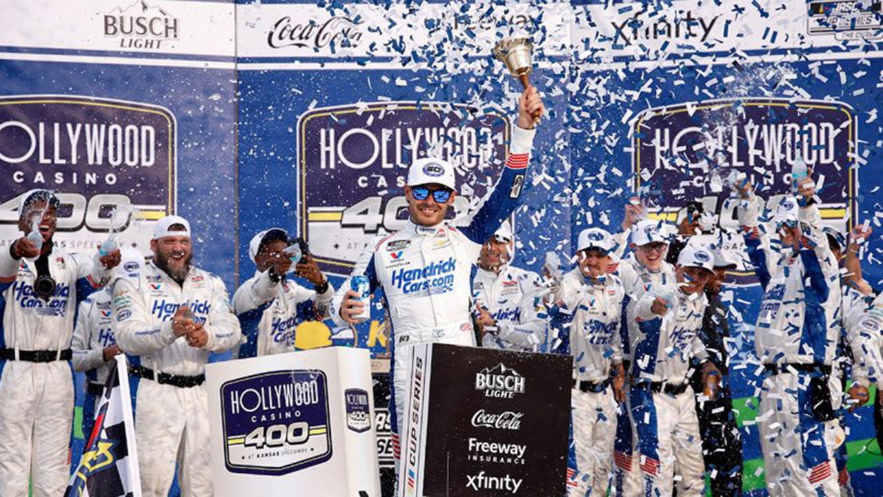 Kyle Larson dominates Kansas Speedway to win the Hollywood Casino 400 and reclaim points lead.