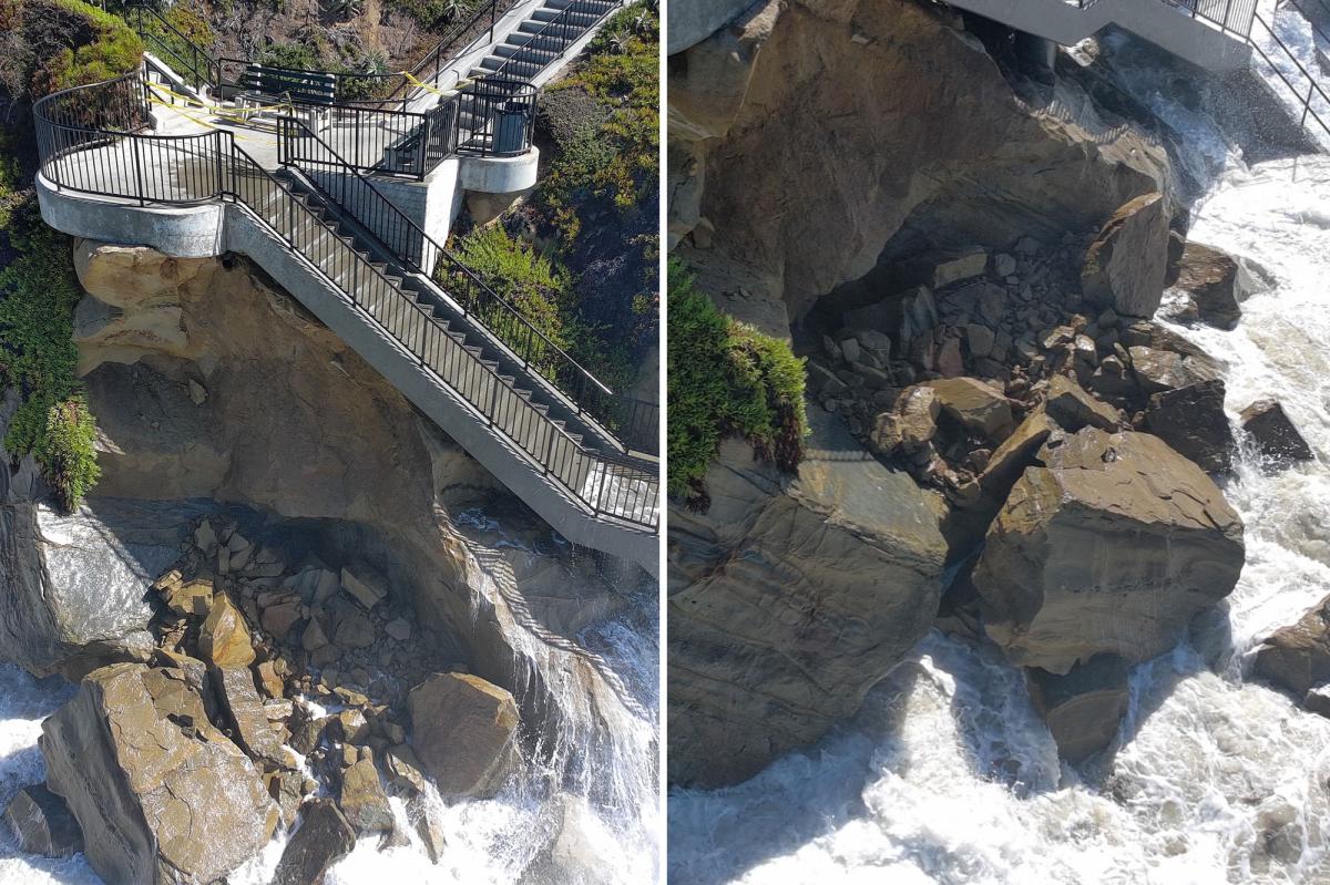 Laguna Beach rockslide closes Agate Street Beach following severe coastal storm damage.