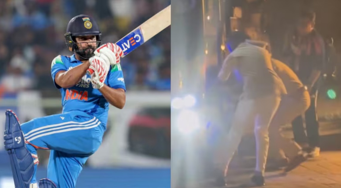 Rohit Sharma uninjured after slipping off team bus following India's victory over West Indies.