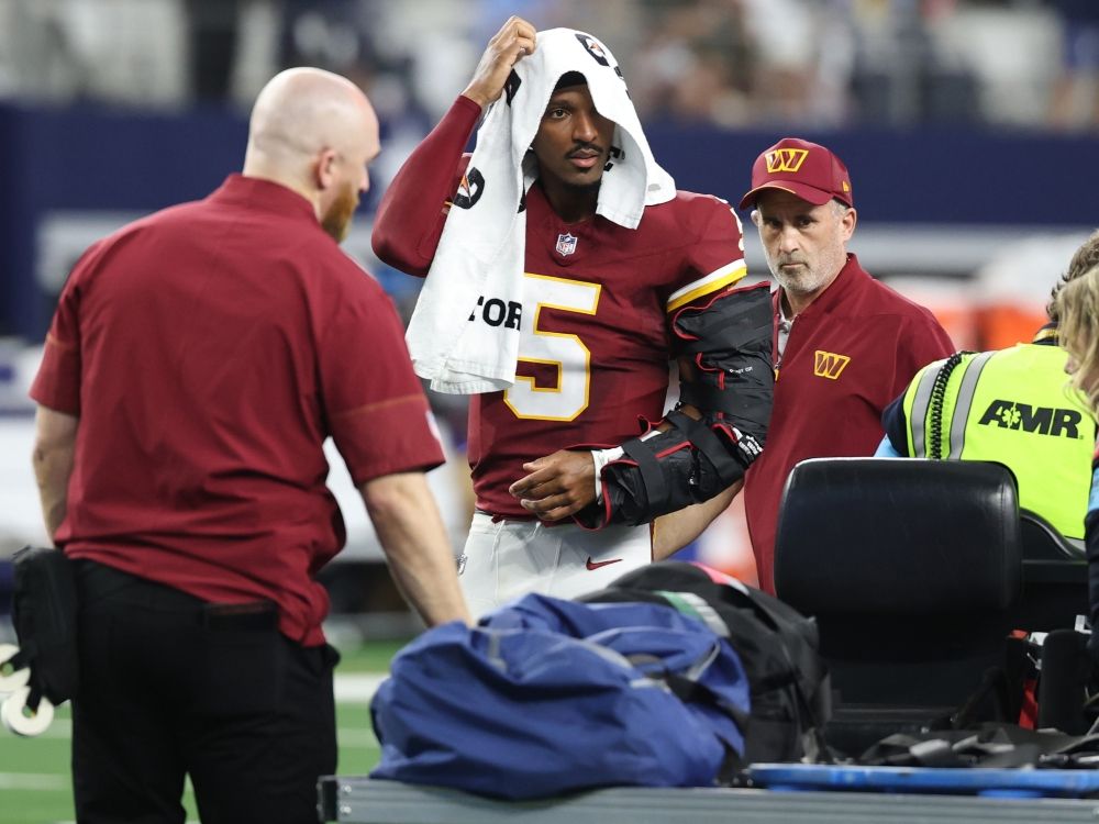 Washington Commanders quarterback Jayden Daniels is listed week-to-week with an elbow injury.