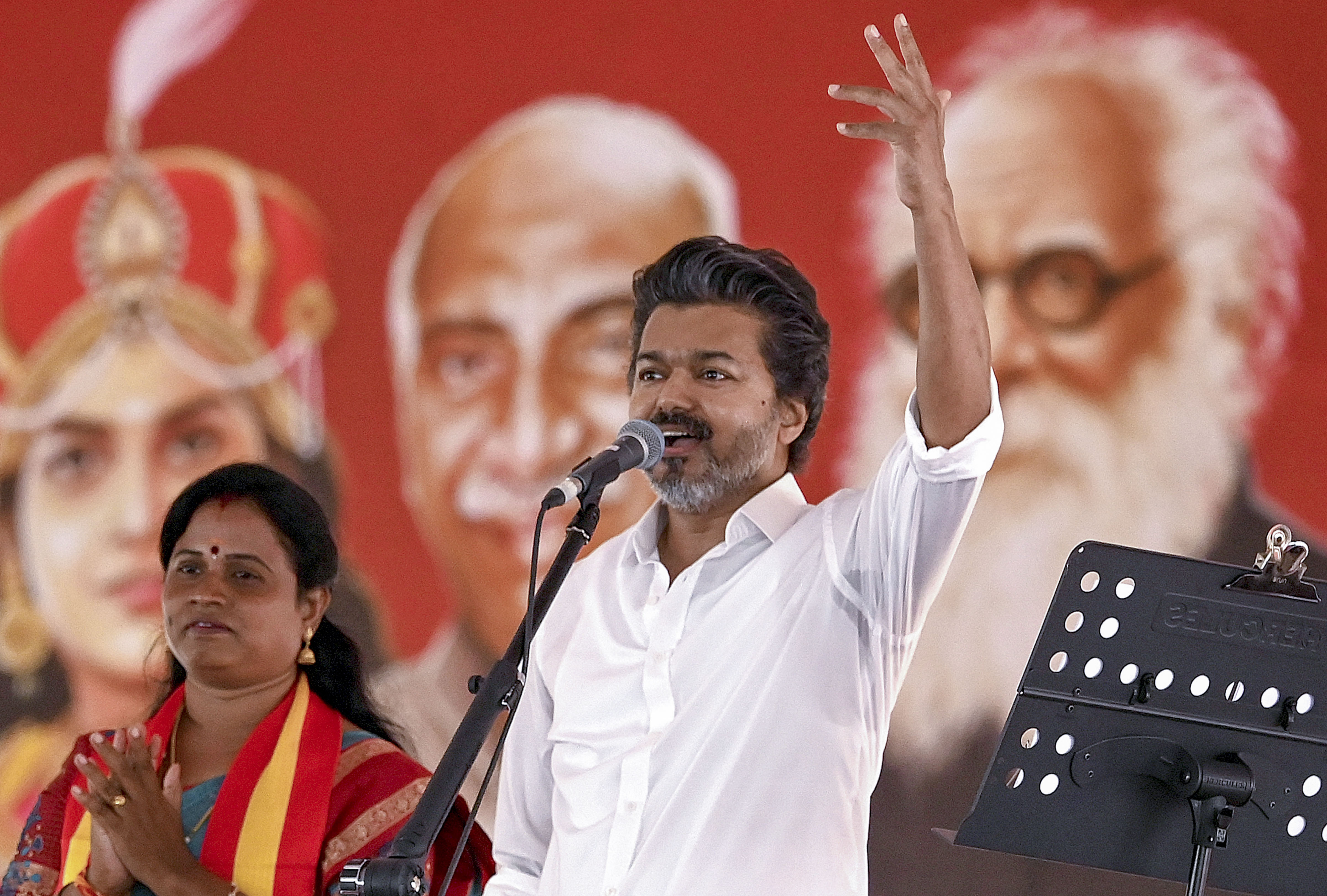 Actor-turned-politician Vijay attacks ruling DMK and AIADMK ahead of Tamil Nadu bypolls.