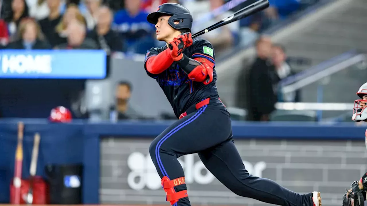 Kazuma Okamoto drives in three runs as Blue Jays rally past Reds.