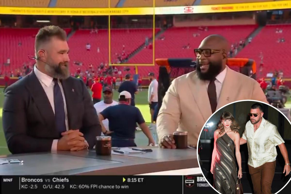 Jason Kelce jokingly calls out Marcus Spears on air for missing Travis Kelce's wedding.