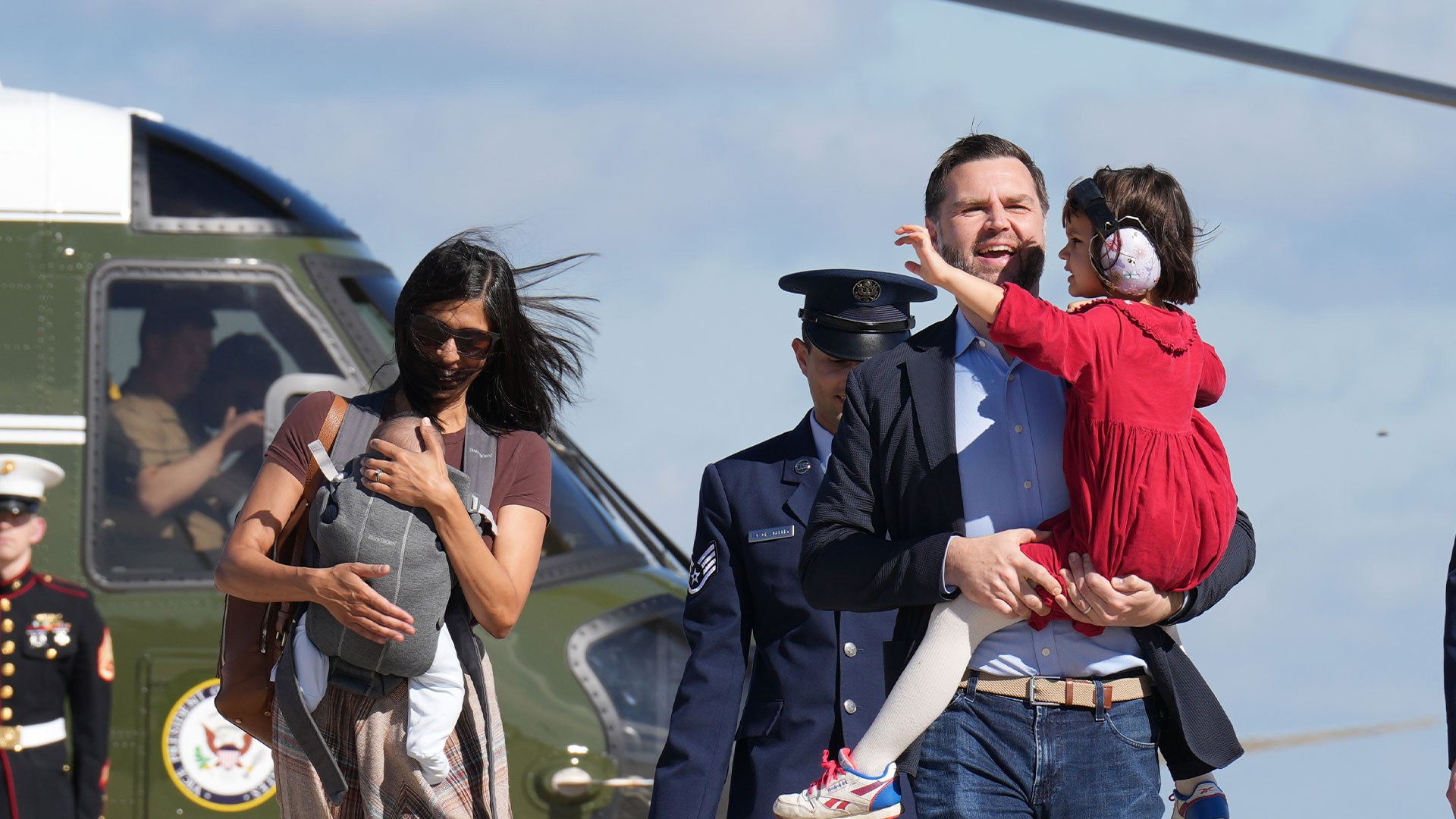 Second Lady Usha Vance Steadies Herself and Infant After Losing Footing Descending From Helicopter