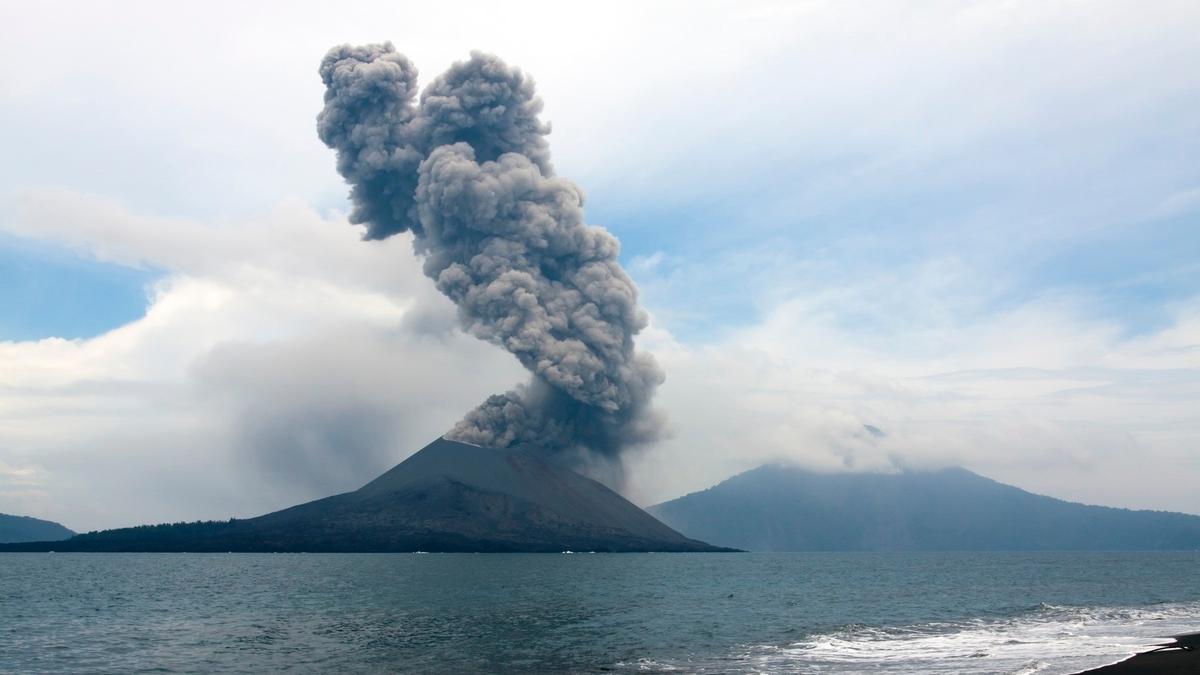 Satellite images reveal two mysterious new island formations near Mount Anak Krakatau following eruptions.